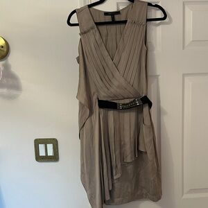 BCBGMaxAzria Taupe Asymmetrical Dress with Black Embellished Belt